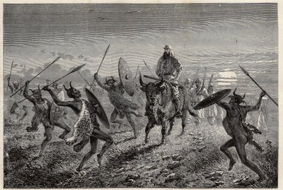 Eskorta przydzielona podróżnikowi Bakerowi spełnia fantazję przed wyjazdem do Lake Albert (lub Albert Nyanza). Rycina ilustrująca wyprawę nad jezioro Albert w latach 1861-1864 autorstwa Sir Samuela White Bakera w „Le tour du monde, nouveau journal des voya autorstwa Unknown artist