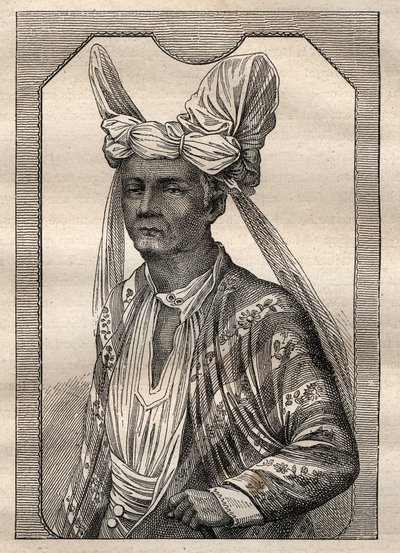 Wyprawa dookoła świata (1790-1792) kapitana Etienne Marchanda (1755-1793): portret króla wyspy Timor (archipelag indonezyjski) - ilustracja zaczerpnięta z „Wielkich marynarzy XVIII wieku” autorstwa Unknown artist