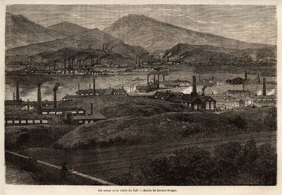 Fabryki Doliny Taff. Rysunek Duranda Bragera, ilustrujący wizytę w głównych fabrykach w Walii w 1862 roku, autorstwa L.Simonina. Grawerowanie w „”Le tour du monde””, pod redakcją Edouarda Chartona autorstwa Unknown artist