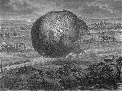 Upadek piłki „Olbrzym” na równinach Hanoweru w 1863 r. na pokładzie: Jules i Louis Godard, Felix Nadar, jego żona Fernand Montgolfier i Thirion. W „Albumie nauki””, Éditions Jouvet autorstwa Unknown artist