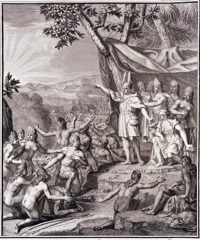 Pierwszy Inca Manco Capac i królowa Coya Mama Oello Huaco, jego żona, oboje dzieci Słońca, zbierają dzikusów – w „Historicznej podróży Ameryki Południowej wykonanej na rozkaz króla Hiszpanii” Don Georges Juan & Don Antoine de Ulloa, T.II, wyd. Jombercie, autorstwa Unknown artist
