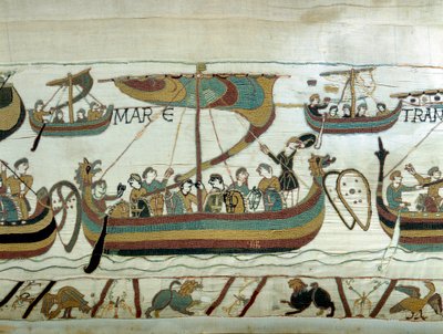 Flota Wilhelma I Zdobywcy (1027-1087) przecina kanał w kierunku Anglii. Gobelin z Bayeux lub Haft królowej Matyldy autorstwa Unknown artist