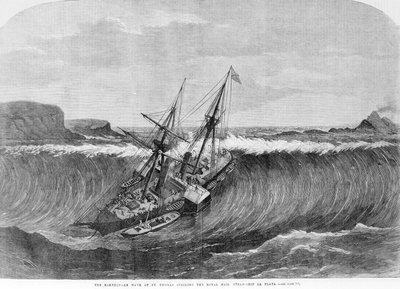 Gigantyczna fala tsunami z grudnia 1867 r. w Saint Thomas na Wyspach Dziewiczych spada na kołową łódź La Plata. Rycina XIX wieku. autorstwa Unknown artist
