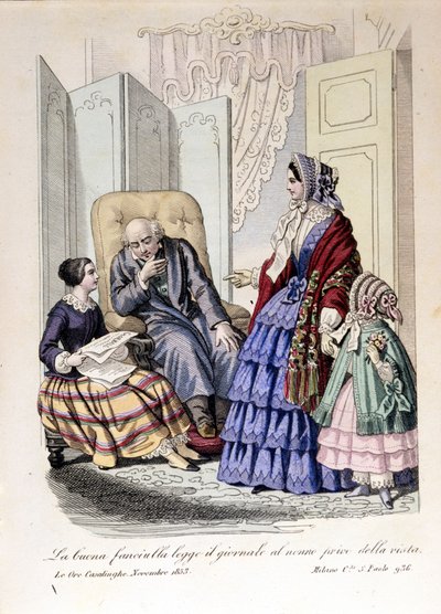 Dziewczyna czyta gazetę dziadkowi, który stracił wzrok. Z „The ore casalinghe”, listopad 1853. autorstwa Unknown artist