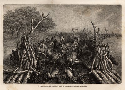 Hopo lub technika polowania w rowie, która składa się z pułapki z 2 żywopłotów, które zbliżają się do siebie w kształcie litery V, prowadząc do dołu, w którym zwierzyna spada w bardzo dużych ilościach po kierowaniu przez krzyki myśliwych. Grawerowanie, aby autorstwa Unknown artist