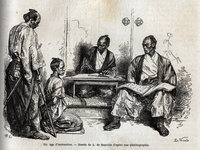 Sędzia śledczy wykonując swoje obowiązki, klęcząc przed nim, oskarża go o samuraja. Rycina ilustrująca podróż do Japonii w latach 1863-1864 autorstwa Aime Humberta, ministra Konfederacji Szwajcarskiej, w „Le tour du monde, nouveau jo autorstwa Unknown artist