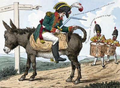 Podróż współczesnego bohatera na wyspę Elba. Podróż współczesnych bohaterów na wyspę Elba. Ta kreskówka przedstawia Napoleona Bonaparte siedzącego na osiołku na drodze z Fontainebleau na wyspę Elba; w jednej ręce trzyma kasetę z mieczami, a autorstwa Unknown artist
