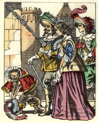 Król, księżniczka i markiz Carabas przybywają do zamku wilkołaka poprzedzającego koci but. Ilustracja do bajki „Kot botte” Charlesa Perrault autorstwa Unknown artist
