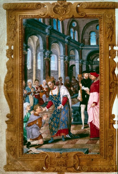 Król dotyka, Bóg cię słyszy Król Henryk II (1519-1559), taumaturg, wojownicy chory na ekrouelle w opactwie św. Markaul, tuż po ceremonii koronacji Reims. W pobliżu niego łuk Reims. Miniatura z „Godzin Henryka II”” 154 autorstwa Unknown artist