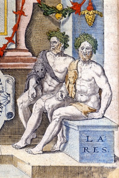 Bogowie larów: chronią dom i jego mieszkańców (są duchami przodków). Grawerowanie z XVI wieku autorstwa Unknown artist