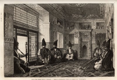 Salon bogatego domu tatarskiego w Schusha (Zakaukazie, Rosja), w którym gromadzą się mężczyźni siedzący na dywanach, by zapalić fajkę i pogawędzić. Rycina ilustrująca podróż po prowincjach Kaukazu, Basile Vereschaguine, w latach 1864-1865, opublikowana autorstwa Unknown artist