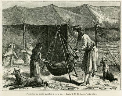 Produkcja mleka przez kobiety pasterzy z regionu Karoun. Grawer ilustrujący historię La Perse, la Chaldee et la Susiane autorstwa Jane Delafoy (1851-1916), oficera akademii, in le tour du monde 1886, reżyseria: Edouard Charton (1807-1890), Ha autorstwa Unknown artist