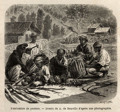 Produkcja koszy z liści palmowych do zbierania kawy. Grawerowanie ilustrujące podróż do Brazylii, opowiadanie M. i Mme Agassizów, w latach 1865-1866, opublikowane w „Le tour du monde, nouveau journal des voyages”, pod kierunkiem Edouarda Charto autorstwa Unknown artist