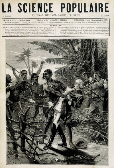 Męczennicy Geographic Science: śmierć kapitana Cooka. Okładka „La Science populaire” z 27 maja 1880 r autorstwa Unknown artist