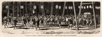 Matsouri (targi, procesja) Roksamia, świątynia Kami w pobliżu Yedo (lub Edo, dzisiejsze Tokio), 5 dnia 5 miesiąca roku, tłum zbiera się, by zbierać zioła w lesie i wieczorem księża organizują autorstwa Unknown artist