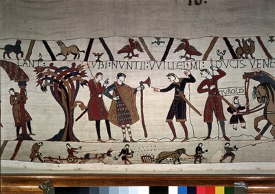 Posłańcy księcia Guillaume (1027 - 1087) przybywają, aby znaleźć Guy de Ponthieu - gobelin z Bayeux, znany jako haft królowej Matyldy autorstwa Unknown artist