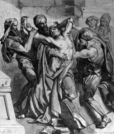 Opętani z Kafarnamu. Mimo cudów dokonanych przez Jezusa miasto odmówiło nawrócenia. Rycina XIX wieku. autorstwa Unknown artist