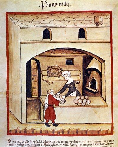 Przygotowanie chleba z kaszą jaglaną. Oświetlenie z doju medycyny i dietetyki „”Tacuinum sanitatis”” autorstwa Unknown artist
