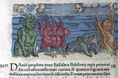 Prorok Daniel widzi pojawiające się potwory: Haniel, Kafziel, Azriel, Aniel. Rycina z „Księgi Prodigiorum ac ostentorum Chronicon Basileae” Wolfharta (Konrada Lycosthene) 1557 autorstwa Unknown artist