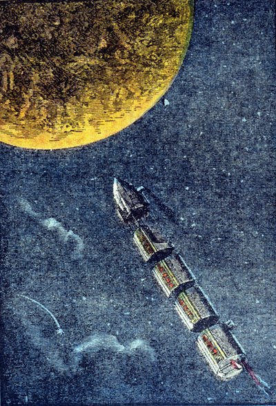 Rakieta wystrzeliła w kosmos docierając do księżyca - grav. w „Z Ziemi na Księżyc”” Juliusza Verne autorstwa Unknown artist