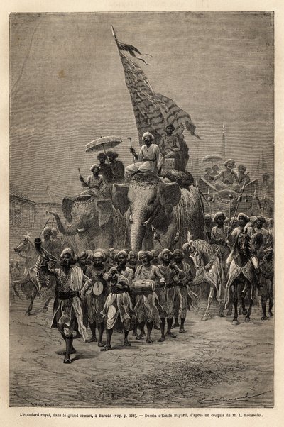 Sztandar królewski w sowari (pochód wojskowy) w Baroda (lub Vadodara), stanie Gujarat na północno-wschodnim wybrzeżu Indii. Rycina ilustrująca podróż radżów do Indii, autorstwa Louisa Rousseleta, w latach 1864-1868, opublikowana w „” Le tour du monde autorstwa Unknown artist