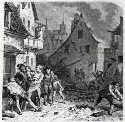 Naczynie do golenia z Lille. Odcinek z Oblężenia Lille w 1792 r. podczas francuskich wojen rewolucyjnych - Le siege de Lille en octobre 1792 - Revolution francaise - Bombardowanie przez Austriaków i Prusów - Fryzjer używa pół bomby jako naczynia do brody - autorstwa Unknown artist