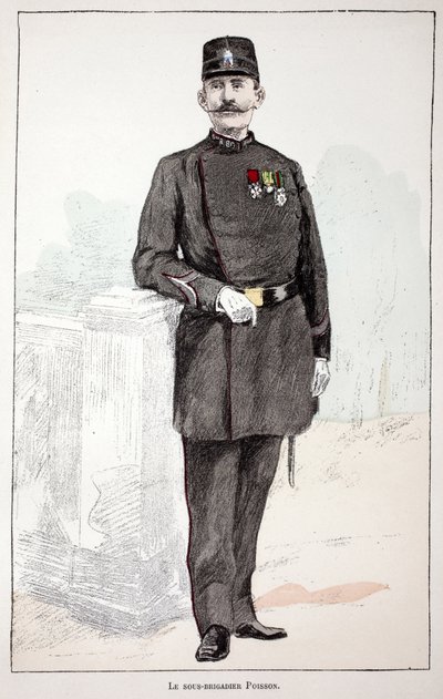 Podbrygadier (podbrygadier) Poisson. Akwaforta w kolorach, dla ilustracji „Historia korpusu sił pokojowych””” książka wydana pod auspicjami Louisa Lepine’a (1846-1933) prefekta policji nad Sekwaną, autorstwa Alfreda Reya (1864-?) i Louisa autorstwa Unknown artist