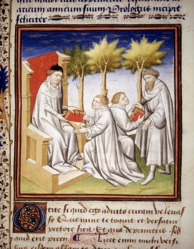 Przekazywanie wiedzy młodszemu pokoleniu. Rękopis „De Senectute” autorstwa Cycerona. 1401. autorstwa Unknown artist
