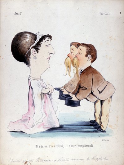 Bracia bliźniacy Pelliccia otrzymali Erminię Frezzolini, włoską sopranistkę (1818-1884). Karykatura z XIX wieku. autorstwa Unknown artist