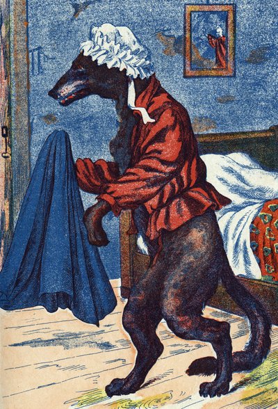 Wilk wkłada ubrania babci. Anonimowa ilustracja do „Czerwonego Kapturka”, opowiadania Charlesa Perraulta (1628-1703), francuskiego pisarza. Zdjęcia Marcel Vagne, Jarville Nancy, bez daty (koniec XIX wieku). autorstwa Unknown artist
