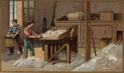 Przemysł wełniany: omłot. Chromolitografia z końca XIX wieku autorstwa Unknown artist