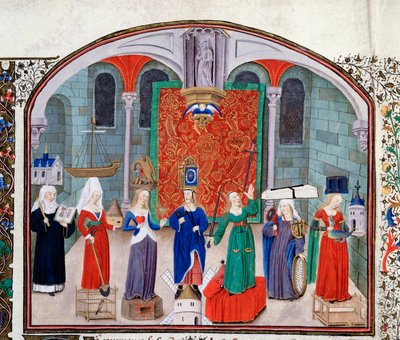 Teoria cnót teologicznych i kardynalnych. Miniatura z rękopisu (Ms 927 fol.17V) „Komentarz do etyki politycznej i ekonomicznej” greckiego filozofa Arystotelesa (383-322 pne) w przekładzie Nicolasa Oresme (1325-1382) autorstwa Unknown artist