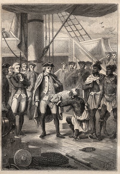 Trzecia podróż (1776-1779) kapitana Jamesa Cooka (1728-1779): Kapłan Koah oferuje kucharzowi małą świnię na pokładzie statku Resolution (Hawaje) - ilustracja z „Wielkich marynarzy XVIII wieku” autorstwa Unknown artist