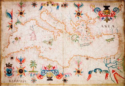 Ten typ wczesnej mapy morskiej na welinie powstał w basenie Morza Śródziemnego w XIII w., ok. 1610 r. (rękopis) autorstwa Unknown artist