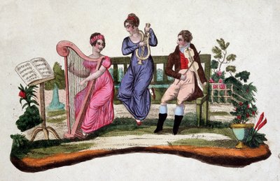 Trzy osoby grające na instrumentach muzycznych w ogrodzie: harfa, lira, altówka. Trawienie SD. XVIII wieku. autorstwa Unknown artist
