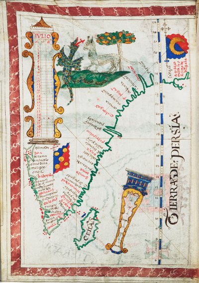 Tierra de Persia", skala: ok. 1:13 500 000, z dodatkowymi miejscami w Południowych Indiach i na Sri Lance, ok. 1550-60 (pergamin) autorstwa Unknown artist