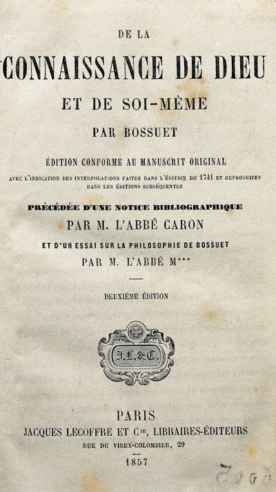 Strona tytułowa „Poznania Boga i samego siebie” francuskiego teologa i biskupa Jacques-Benigne (Jacques Benigne) Bossueta (1627-1704). 1857. autorstwa Unknown artist