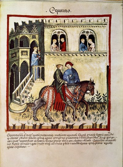 Medycyna lecznicza: „” korzyści płynące z jazdy konnej”” Strona zaczerpnięta z „” Tacuinum sanitatis”” (Cod. ser. nov. 2644) Około 1400 Wiedeń, Osterreichische Nationalbibliothek autorstwa Unknown artist