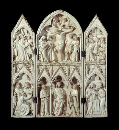 Tryptyk Saint-Sulpice du Tarn: Niesienie Krzyża, Ukrzyżowanie, Zejście z Krzyża, Pokłon Trzech Króli, Panna Chwalebna, Ofiarowanie w świątyni. Pończochy z rzeźbionymi zdobieniami z kości słoniowej. Około 1300 Paryż, Narodowe Muzeum Średniowiecza, Thermes d autorstwa Unknown artist