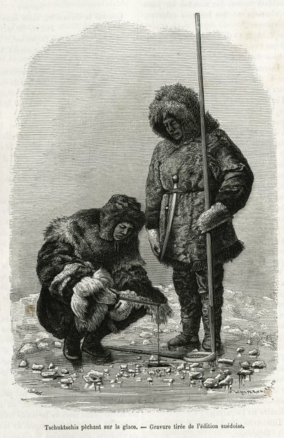 Tschuktschis łowi ryby na lodzie w zatoce Koljutschin (koło polarne). Grawer z wydania szwedzkiego, aby zilustrować opowieść „” Voyage de la Vega around Asia and Euroope””, Nils Adolf Erik (Eric) Baron Nordenskjold (Nordenskiold) (1832-1901), w latach 1878 autorstwa Unknown artist