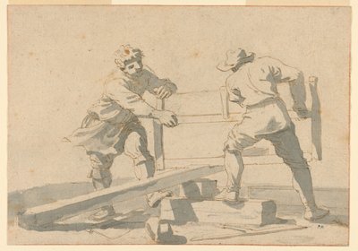 Dwóch mężczyzn piłujących deskę autorstwa Unknown artist