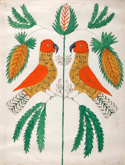 Dwie czerwone i żółte papugi naprzeciw siebie (zielone liście) autorstwa Unknown artist