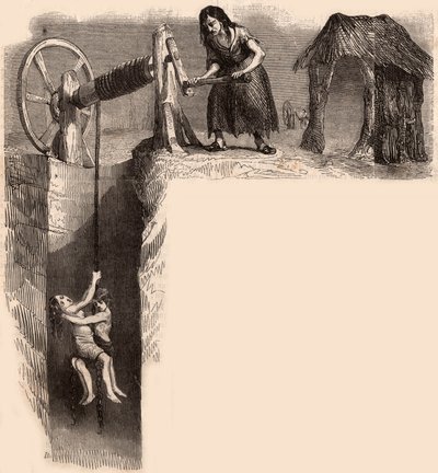 Dwoje wyczerpanych dzieci wyprowadzonych z angielskiej kopalni węgla przez kobietę z wyciągarką (grafika) autorstwa Unknown artist