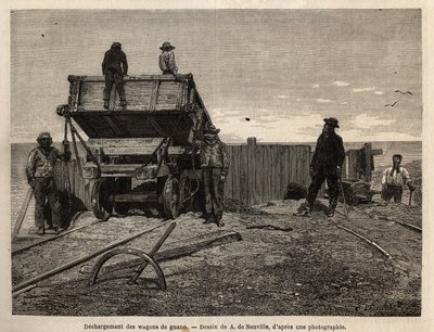 Rozładunek wagonów guano na Wyspach Chincha (Ocean Spokojny, w pobliżu południowo-zachodniego wybrzeża Peru), których głównym przedmiotem zainteresowania była eksploatacja złóż guana (używanych jako nawóz), osadów na granitowych klifach służących jako schr autorstwa Unknown artist