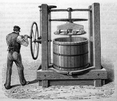 Wykorzystanie prasy do uzyskania wytłoków z winogron w Medoc i Cognac. Rycina z końca XIX wieku autorstwa Unknown artist