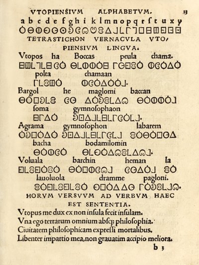 Utopiensium Alphabetum” (Alfabet utopijny) z trzeciego wydania „Utopii” Sir Thomasa More