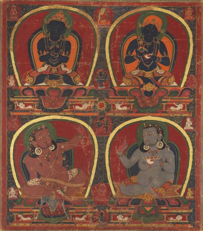 Wadżradhara, Nairatmya i Mahasiddhas Virupa i Kanha autorstwa Unknown artist