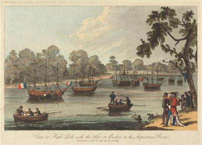 Widok w Hyde Parku, z flotą na kotwicy na rzece Serpentine, 12 sierpnia 1814 autorstwa Unknown artist