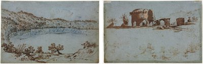 Widok na jezioro Nemi (recto) Mała grupa rzymskich ruin (verso) autorstwa Unknown artist