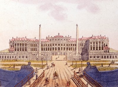 Widok zamku Schonbrunn, dawnej rezydencji austriackiej rodziny cesarskiej, Wiedeń, Austria, rycina z 1820 r. autorstwa Unknown artist